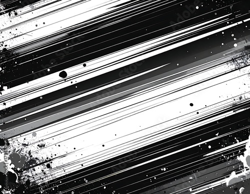 Black and gray abstract design with diagonal streaks, splatters, and gradients on a white background. It presents a dynamic and textured appearance