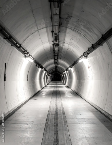 Black and white image showcasing a long, arched tunnel with lights illuminating the pathway. The perspective leads the eye to a dark end