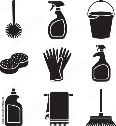Black and White Silhouette Vector Set of 9 Bathroom Cleaning Tools Toilet Brush Spray Bottle Sponge Bucket Gloves Cleaner Mop Rag Scrubber