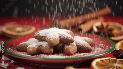Delicate powdered sugar gently cascades onto star-shaped gingerbread cookies, arranged on a festive plate amidst aromatic spices and dried citrus slices.