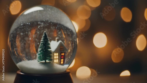 A charming snow globe showcases a miniature winter scene with a cozy cabin and a vibrant green Christmas tree, set against soft, blurred golden lights.