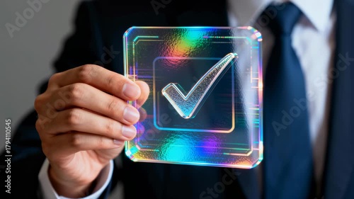 Businessman holographic checkmark glass hand suit tie business success approval digital validation colorful transparent badge conveying trust