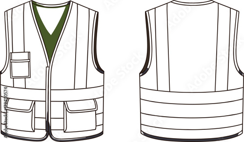 Utility vest front back view, safety workwear illustration, multi-pocket design, technical garment drawing, vector apparel layout, cad drawing flat vector illustration
