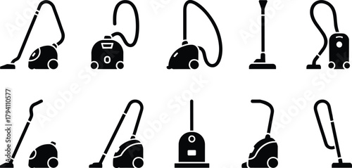 vacuum, cleaner, appliance, tool, cleaning, silhouette, household, electric, suction, upright, canister, stick, icon, vector, black, white, equipment, cad drawing flat vector illustration