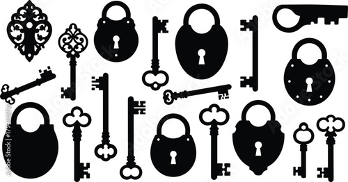 Vintage key silhouette, antique padlock vector, ornate lock design, security icon set, retro hardware graphic, cad drawing flat vector illustration