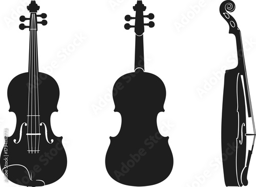 Violin silhouette, front view, back view, side profile, musical instrument icon, black vector, cad drawing, flat design, isolated illustration