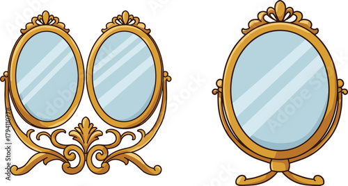 Vintage mirror, golden frame, ornate design, antique decor, oval mirror, classic style, decorative element, elegant illustration, reflective surface, interior