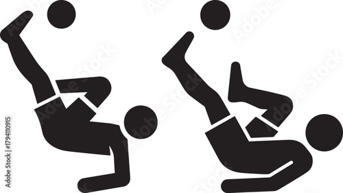 Two football players performing bicycle kicks silhouette