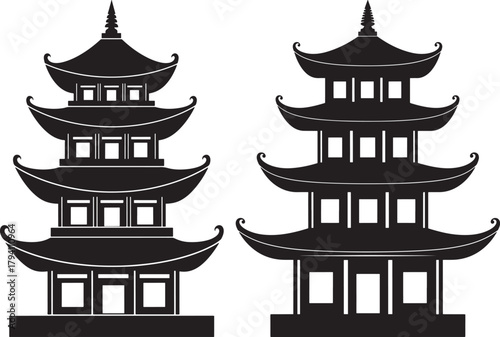 Two traditional asian pagoda towers silhouette