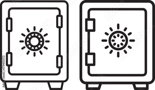 Two outline safes with sunburst dial silhouette