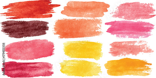 Colorful watercolor brush strokes vector. set of paint splatter illustration. Vibrant watercolor ink blots on Orange stroke of paint isolated on transparent background