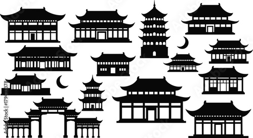 Collection of traditional Asian temple and pagoda silhouettes isolated on white background, ancient architecture vector design illustration for culture and travel