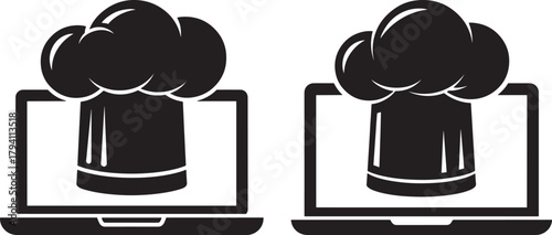 Two laptop screens displaying chef hat silhouette