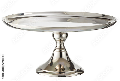Silver round metal cake stand cut out isolated transparent background