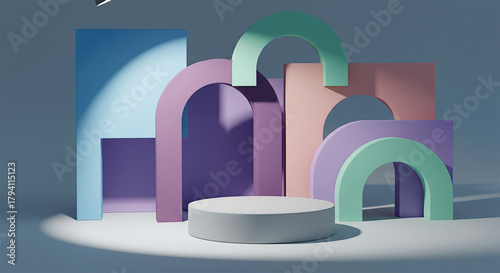 Abstract geometric pastel product display podium with colorful arches and soft shadows