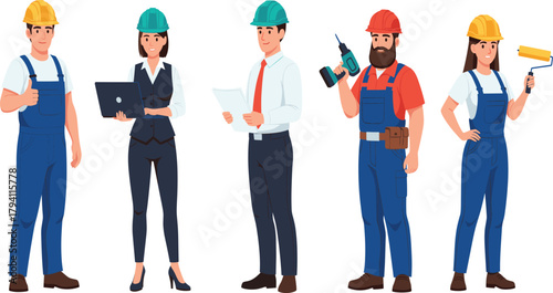 Diverse group of construction and engineering professionals, including workers, architects, and designers, wearing hard hats and holding tools or blueprints.