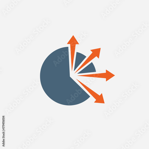 A blue pie chart with orange arrows radiating outwards, symbolizing data distribution and expansion
