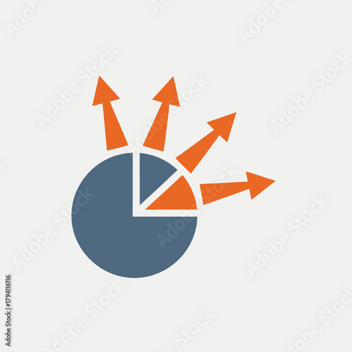 A blue pie chart with orange arrows radiating outwards, symbolizing data distribution and expansion