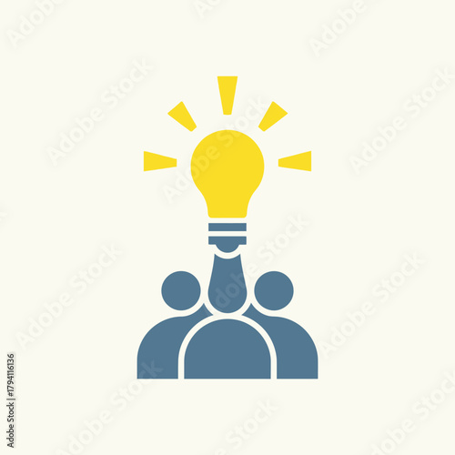 Three blue figures beneath a glowing yellow lightbulb, signifying teamwork and innovative idea generation