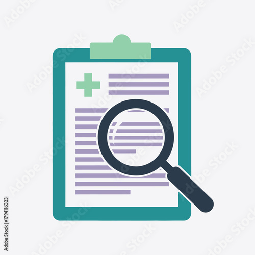 Medical document analysis with a magnifying glass, representing healthcare research, diagnostics, and examination of patient records