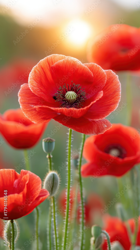 Obraz premium Vibrant red poppies bloom in serene field, capturing essence of nature beauty. This scene evokes feelings of wellness and relaxation, perfect for therapy and rejuvenation
