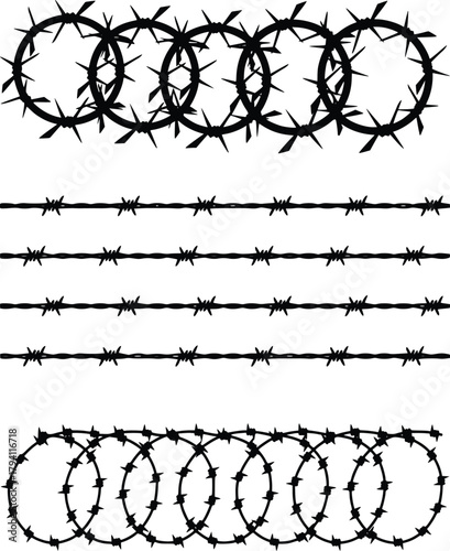 Barbed wire silBarbed wire silhouette vector  Straight line sharp barbed wire illustration vector