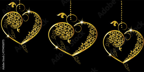 Heart Shape Pendant On Fine Chain With Black Background, Trendy Fashion Gold Plated Necklace Vector Illustration.eps 10