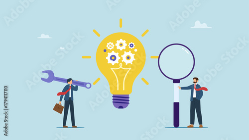 Businessman with magnifier with light bulb idea with cog wheels. Product development, research and optimize for development process to launch new product, project management or productivity.