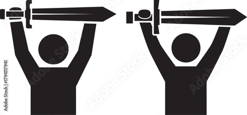 Two figures holding swords up silhouette