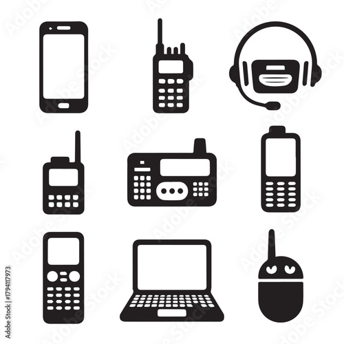 Black and White Silhouette Vector Set of 9 Communication Devices Smartphone Walkie Talkie Radio Headset Landline Pager Laptop Satellite Phone Earbud Case