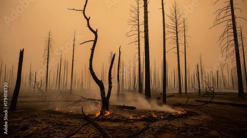 Devastating aftermath of a forest fire with charred trees and smoky air