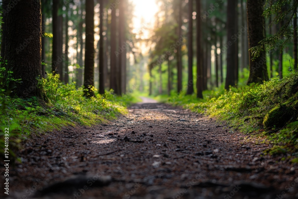Obraz premium Tranquil forest pathway surrounded by majestic trees lush greenery nature scene serene environment ground level view peaceful journey