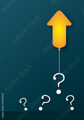 Yellow arrow rising up with white question marks on dark blue background. Concept for business problems, success, achievement and target. Copy space for the text. paper cut design style. Vertical
