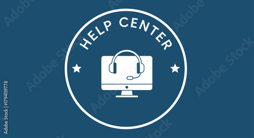 Help center logo with a computer monitor and headset inside a white circle on a blue background.