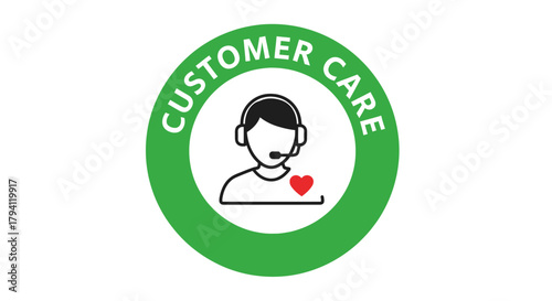 A green circular icon with a silhouette of a customer service representative wearing a headset and a red heart.