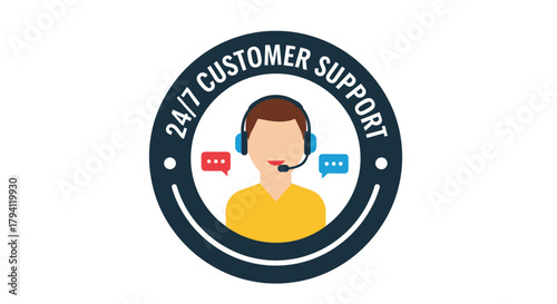 An illustration of a customer support agent wearing a headset with a microphone, inside a circular emblem with '24/7 CUSTOMER SUPPORT' text.