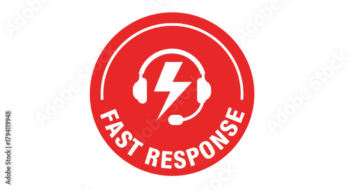 A red circular icon featuring a white lightning bolt inside headphones with a microphone, symbolizing fast response.
