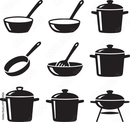 Black and White Silhouette Vector Set of 9 Cooking Pots and Pans Saucepan Frying Pan Stockpot Wok Dutch Oven Skillet Pressure Cooker Casserole Dish Grill Pan