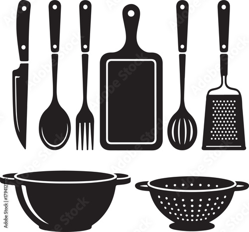 Black and White Silhouette Vector Set of 9 Cooking Utensils Knife Fork Spoon Cutting Board Ladle Grater Spatula Peeler Colander