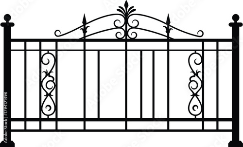 Wrought iron gate design, decorative scrollwork, floral motif, architectural ornament, elegant metalwork, vintage fence, CAD drawing flat vector illustration
