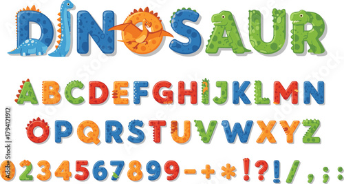 Playful dinosaur-themed alphabet and numbers font with prehistoric creatures integrated into colorful, friendly letter designs, ideal for children's educational content.