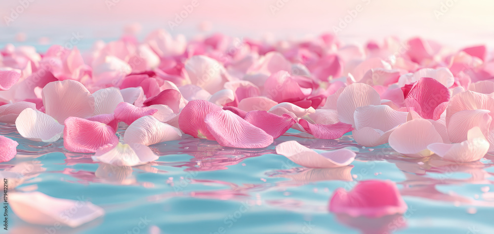 Obraz premium Soft pink and white flower petals float gracefully on tranquil water, creating serene atmosphere perfect for spa wellness and relaxation therapy. gentle ripples enhance calming effect