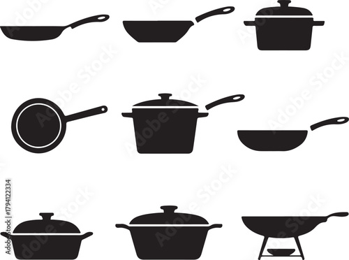 Black and White Silhouette Vector Set of 9 Cookware Styles Frying Pan Saucepan Deep Pot Stock Pot Skillet Wok Casserole Dish Dutch Oven Grill Pan