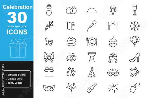 Minimalist celebration icons 30 high quality outline set with editable stroke. Containing party, gift, champagne, music, decoration, balloons, star, mask and more. Thin linear vector icons