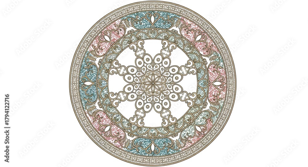 Fototapeta premium Circular vintage pattern with floral elements and intricate detailing adds beauty to design