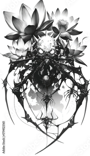 Spooky Lotus and Skull Art: A macabre depiction of a skull surrounded by intricate, stylized lotus blossoms, rendered in stark black and white, evokes an unsettling beauty.