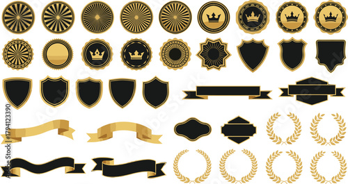 Premium Vector Collection of Luxurious Gold and Black Badges, Elegant Ribbons, Vintage Laurels, and Royal Emblems for Graphic Design and Branding Projects