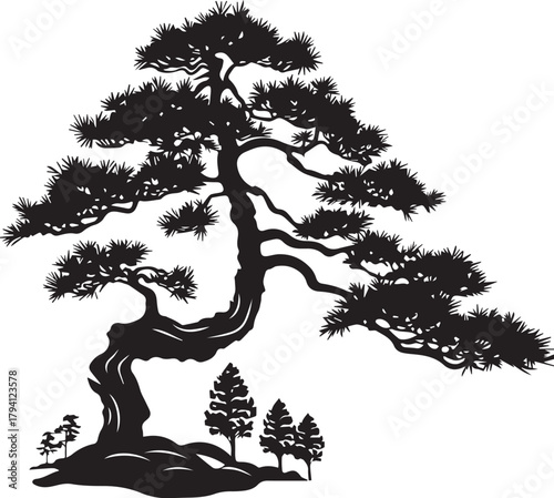 Silhouette of Serenity: An elegant silhouette of a majestic, ancient tree stands as a symbol of resilience, surrounded by younger trees, embodies the calm essence of nature. 