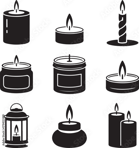 Black and White Silhouette Vector Set of  Different Candles Pillar Candle Tealight 