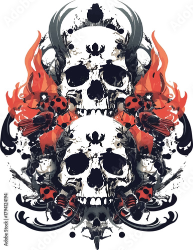 Artistic Skulls Composition: A striking, artistic arrangement featuring skulls adorned with abstract shapes and fiery accents, a symbolic exploration of mortality and transformation.